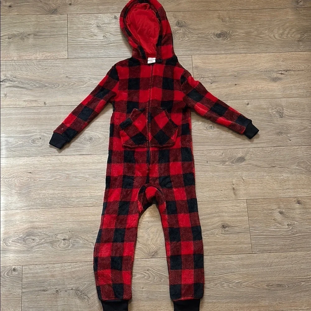 Red and Black Plaid Hooded Fleece Onesie